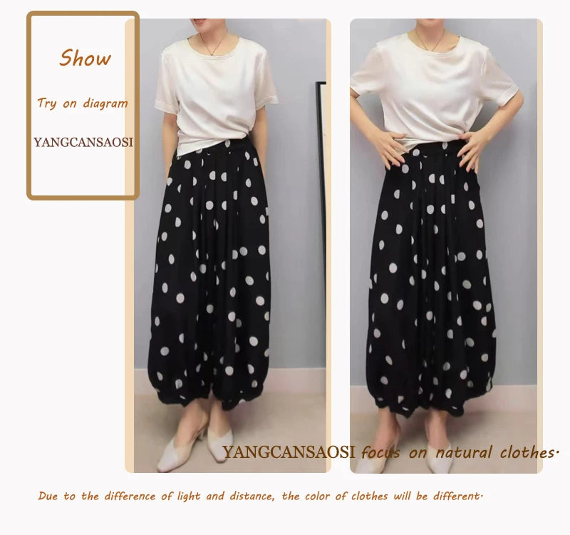 Modern Large Polka Dot 100% Natural Mulberry Silk Crepe De Chine Elastic Waist Women's Fashionable Cropped Lantern Pants