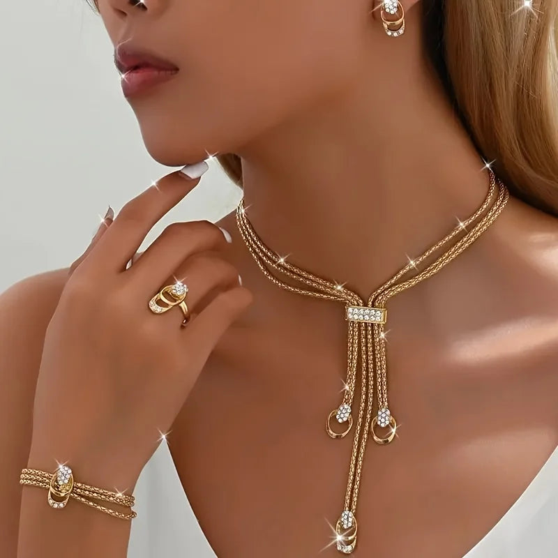 4-piece Luxury Jewelry Set Synthetic Zirconia Necklace Earring Bracelet Ring Women Bohemian Street Style Wedding Banquet Gift