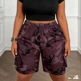 Plus size women's camouflage drawstring cargo shorts; high waist loose big pocket knee-length shorts; hot girl street style knee-length shorts