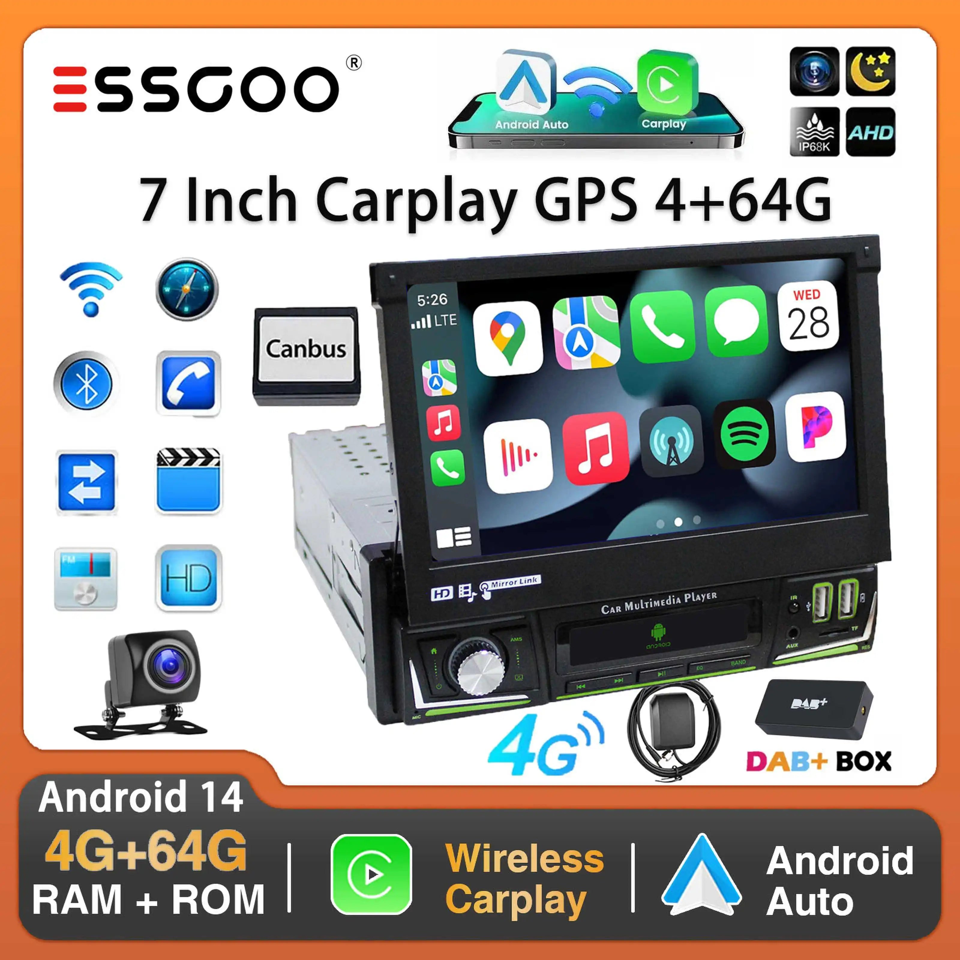 7Inch Single DIN 64G Flip Out Car Stereo Radio Carplay Android Auto Radio Bluetooth Touch Screen MP5 Player Head Unit GPS