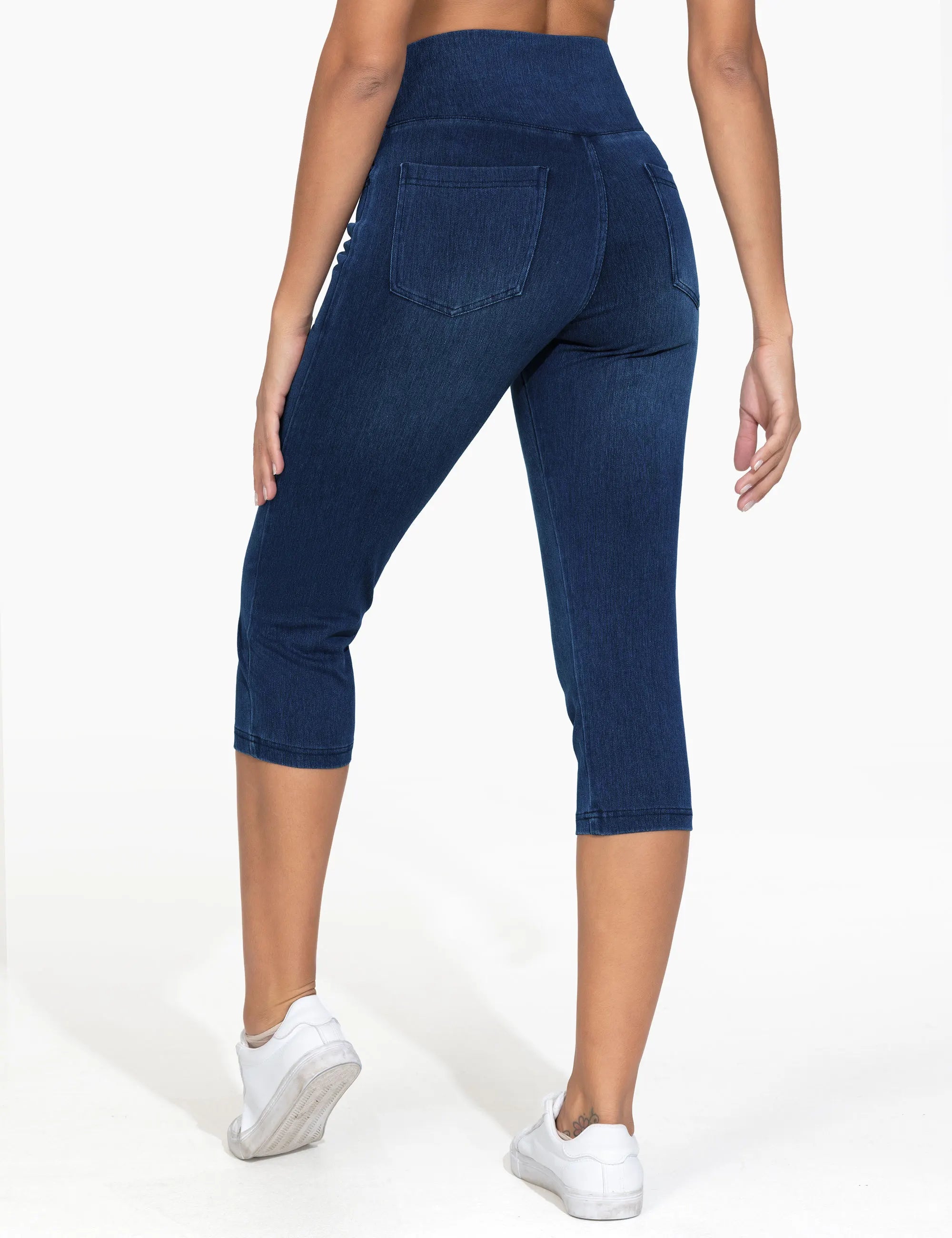 THE GYM PEOPLE Women's Cross Waisted Stretchy Capri Denim Jeggings Tummy Control Skinny Jean Leggings with Pockets