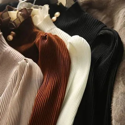 Elegance Half Turtleneck Long Sleeve Knitted Korean Sweaters Single Breasted Vintage Japanese Sweet Sweater Patchwork Blouses