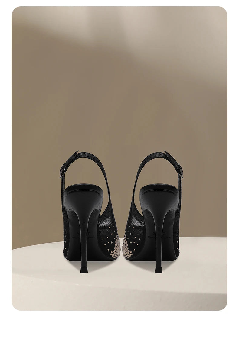 New Baotou Sexy Sandals with One Buckle and Summer Mesh, Rhinestone High Heels for Women, Slim Heels, Shallow Mouth