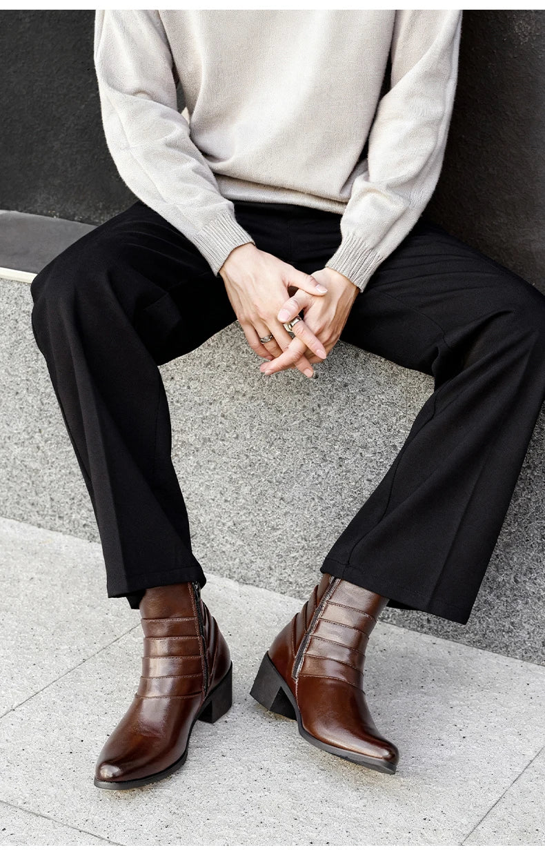 Luxury Men Boots Leather Chelsea Boots High Top Buckle Strap Formal Shoes Black British Style Ankle Boots Pointed Toe Brown Boot