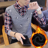 Autumn Winter Plaid Sweaters Polo Collar Pullover Slim Fit Man Clothes Plush Warm Jumpers Thick Fake 2 Piece Polo Shirts