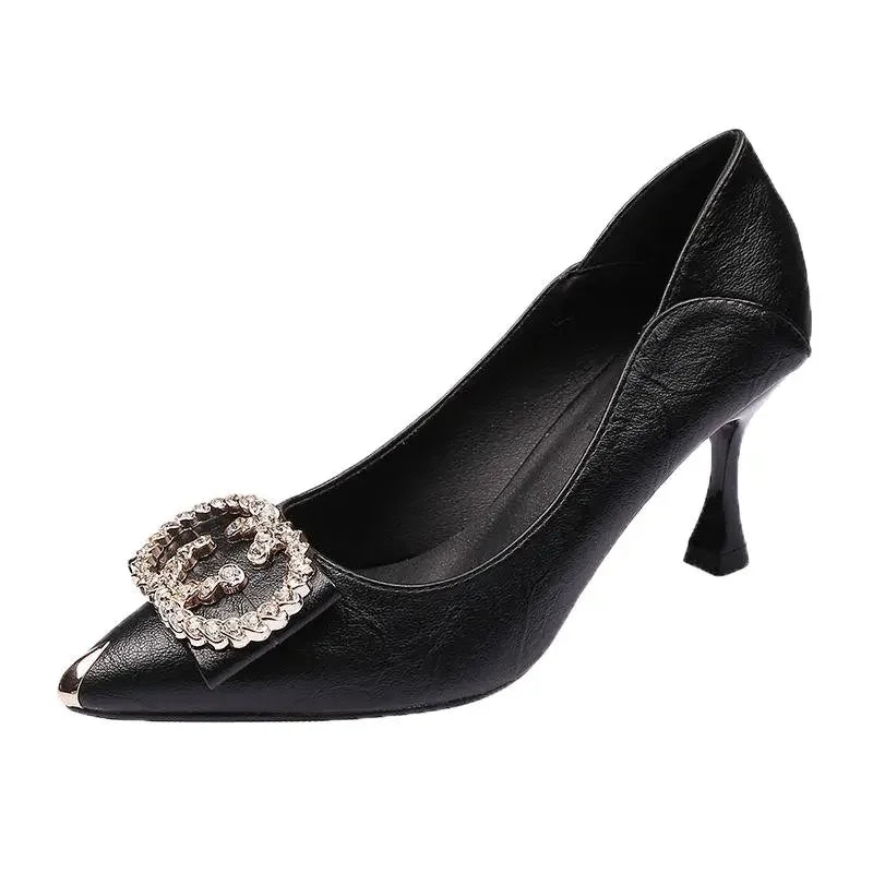 Women Cute Black Soft Leather Spring & Summer Slip on Stiletto Heel Shoes Lady Classic Office & Hotel Work Party Pumps A135