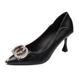 Women Cute Black Soft Leather Spring & Summer Slip on Stiletto Heel Shoes Lady Classic Office & Hotel Work Party Pumps A135