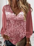 New Shiny Sequin Patchwork Office Loose Blouse Summer Autumn Long Sleeve Solid Women Shirt Casual V-neck Lady Top Pullover