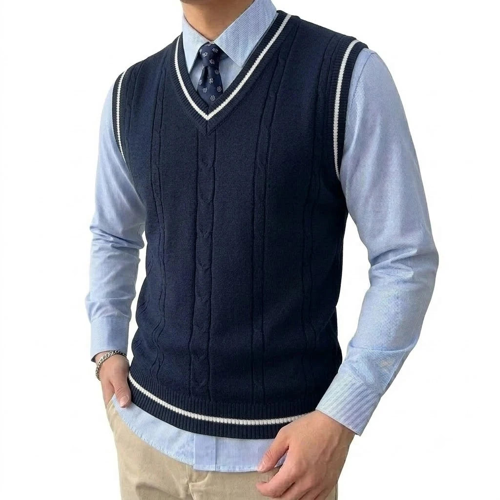 Mens V Neck Knitted Sweater Vest Lightweight Breathable Patchwork Pullover Autumn Casual Business Streetwear Knitwear for Men