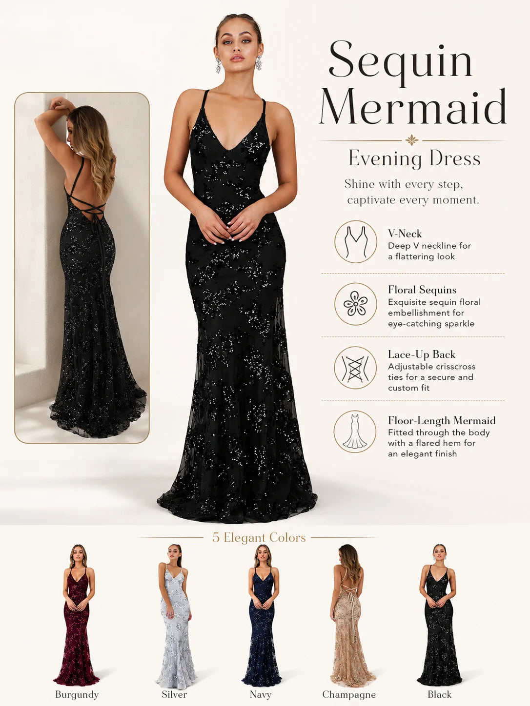 Sexy Sequin Floral Mermaid Evening Gown for Women Deep V Neck Spaghetti Strap Formal Prom Dress Floor Length Tulle Wedding Guest Party Ball Gown