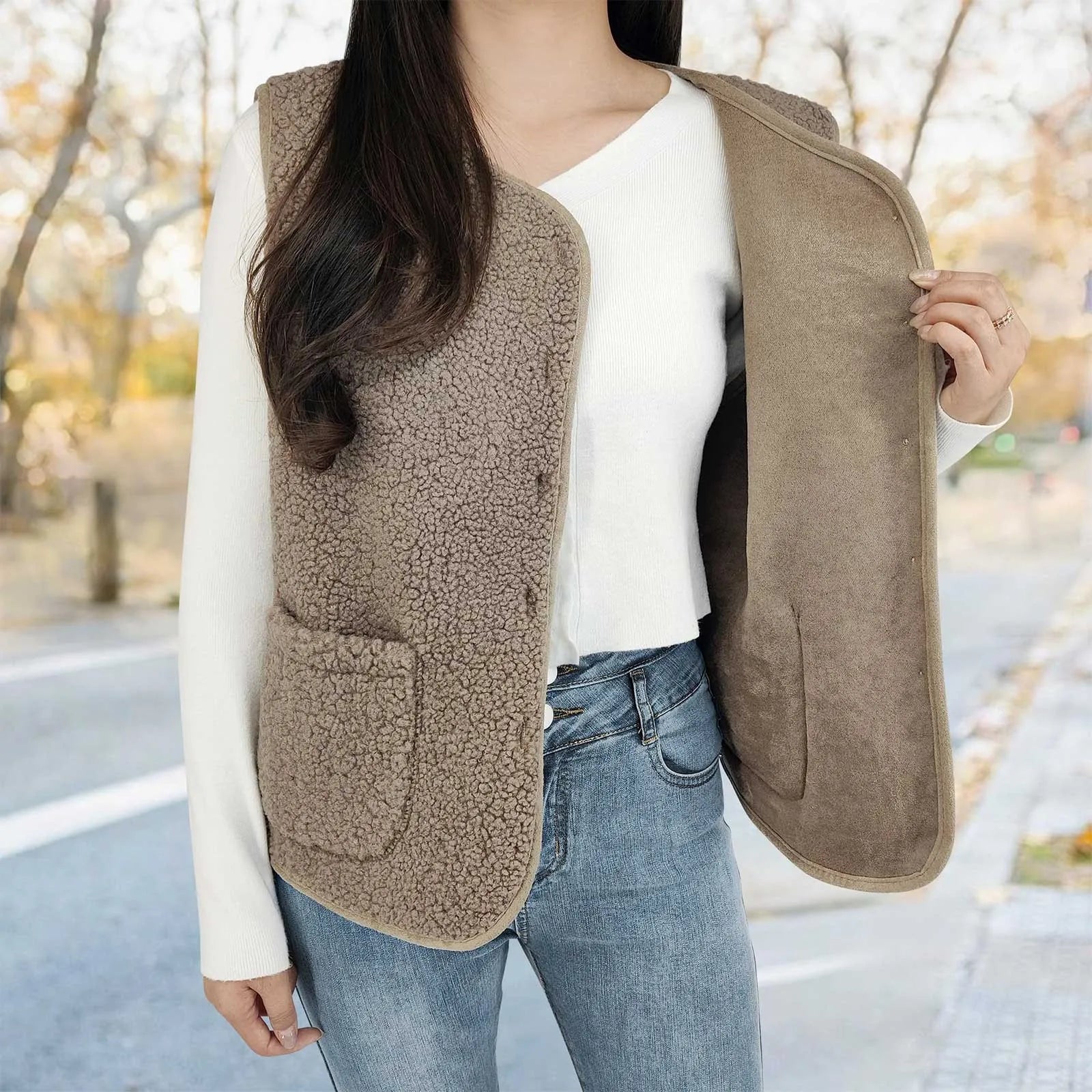 Women'S Teddy Fleece Vest Autumn Thin Vest Sleeveless Coat Plain Plush Vest Short Jacket Loose Fleece Vest Women Outwear