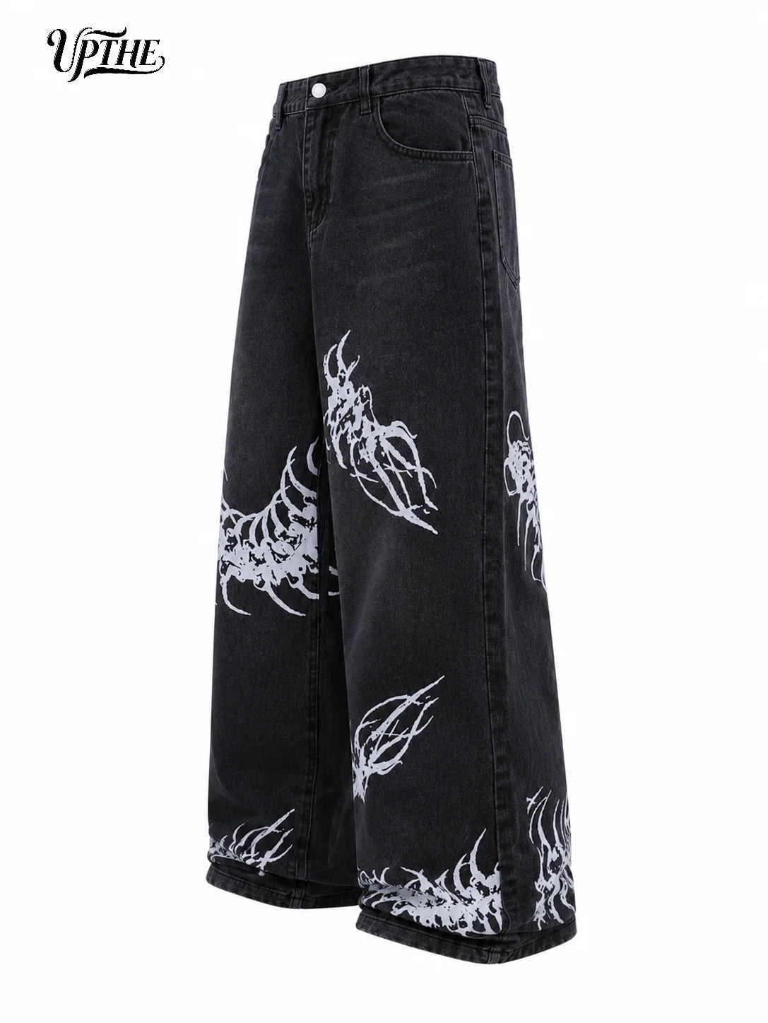 UP.THE Men Black Faded Baggy Wide Leg Jeans, Y2K Oversized Loose White Centipede Skeleton Print Denim Pants, Gothic Grunge Streetwear Trousers for Daily Outfits
