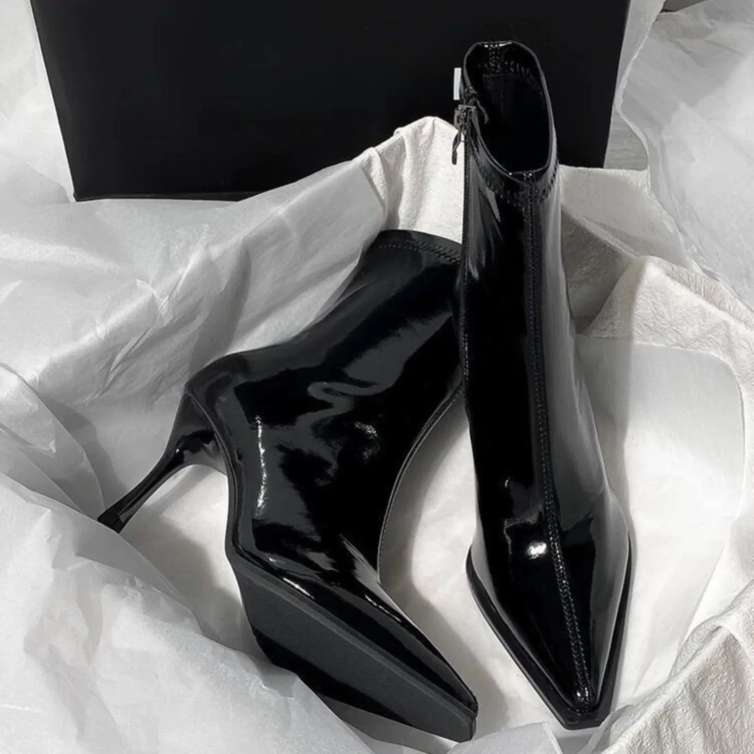 Ankle Boots Vintage Autumn New Fashion High Heels Women's Sexy Pointed Toe patent leather skinny boots Women Brown Short Booties