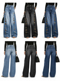 Women High Waist Wide Leg Jeans, Side Cutout Eyelet Rivet Denim Pants Loose Fit Hollow Out Flared Trousers Streetwear Fashion Baggy Jeans with Pockets