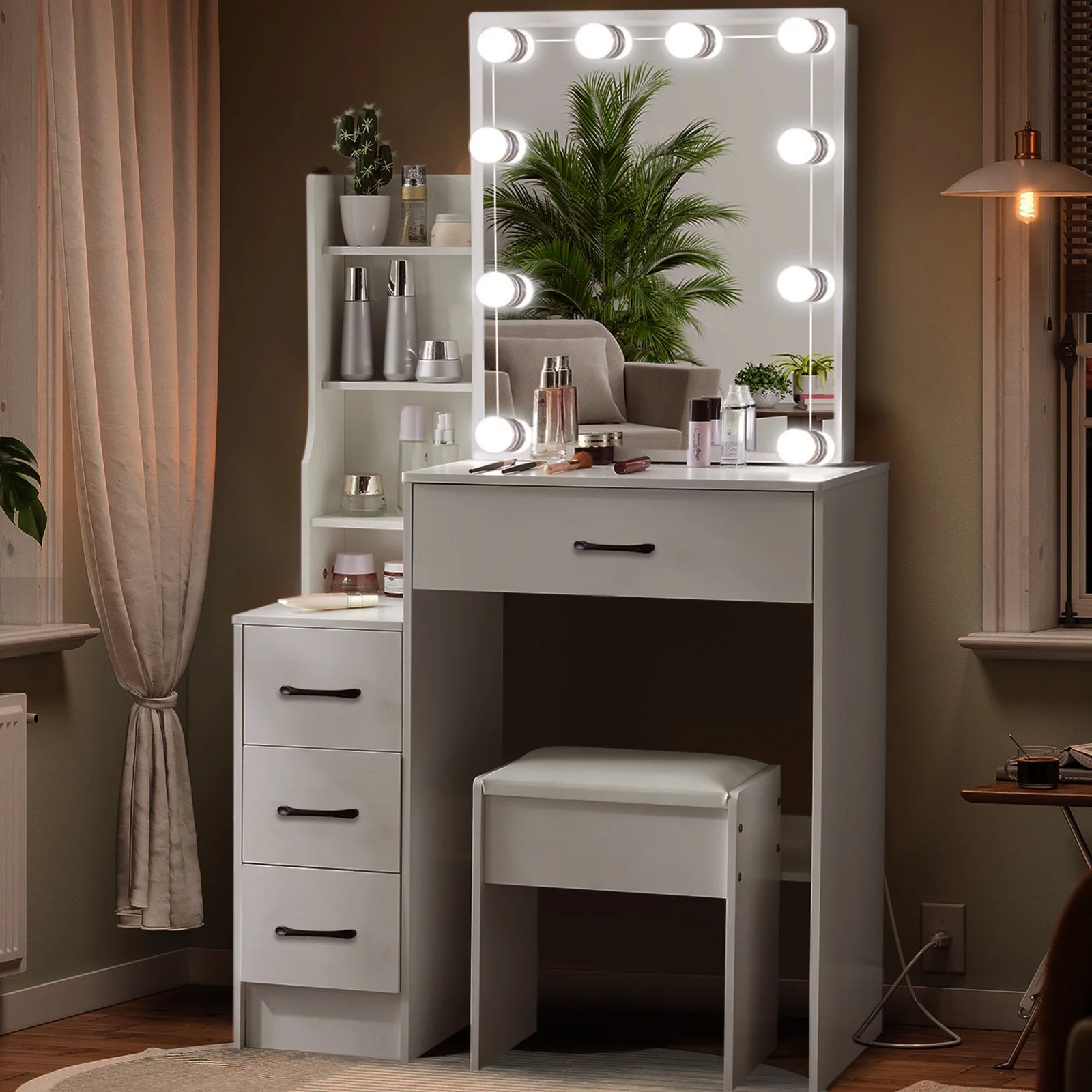 Modern White Dressing Table Stool Set with 3-Color Adjustable LED Light Mirror 4 Drawers For Bedroom Living Room Vanity Table