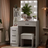 Modern White Dressing Table Stool Set with 3-Color Adjustable LED Light Mirror 4 Drawers For Bedroom Living Room Vanity Table