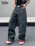 UP.THE Men Dark Raw Denim Baggy Wide Leg Jeans, Y2K Oversized Loose Curved Spliced Eyelet Denim Pants, Industrial Streetwear Trousers for Daily Outfits