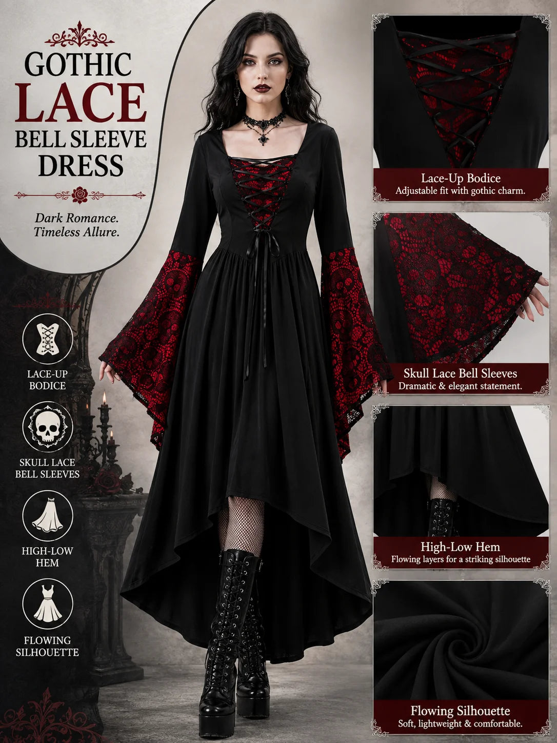 Women Gothic Medieval Dress Skull Lace Bell Long Sleeve Lace Up Front High Low Midi Dress Vintage Renaissance Witch Costume Halloween Cosplay Party Dress