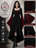 Women Gothic Medieval Dress Skull Lace Bell Long Sleeve Lace Up Front High Low Midi Dress Vintage Renaissance Witch Costume Halloween Cosplay Party Dress