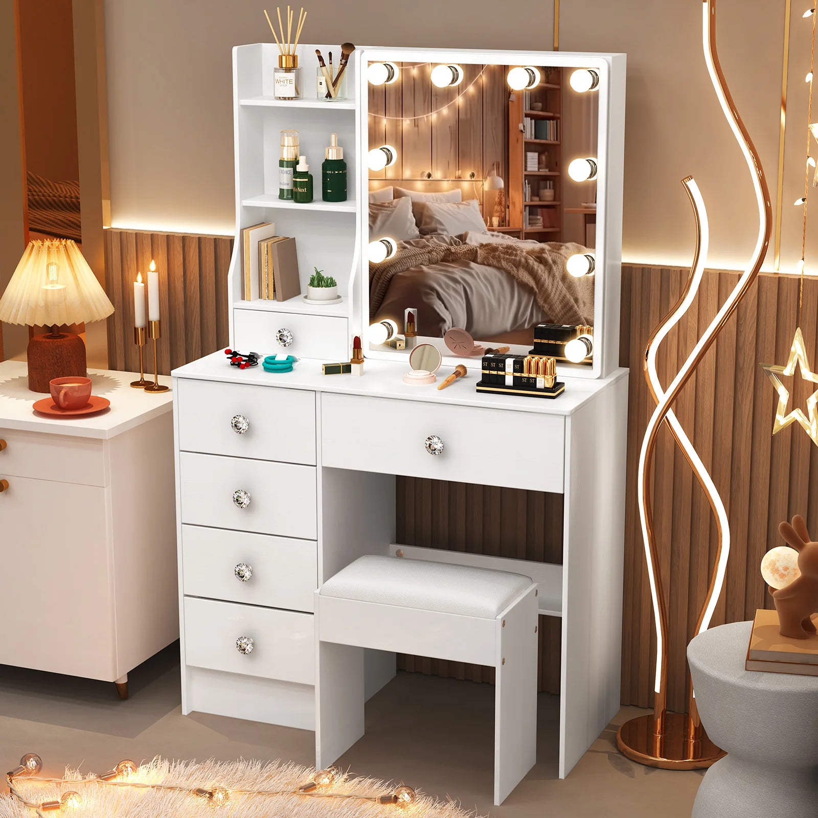 Teousev White LED Makeup Vanity Set with Sliding Mirror, 3-Color Dimmable Lights, 6 Drawers & Stool, Modern Dressing Table