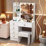 Teousev White LED Makeup Vanity Set with Sliding Mirror, 3-Color Dimmable Lights, 6 Drawers & Stool, Modern Dressing Table
