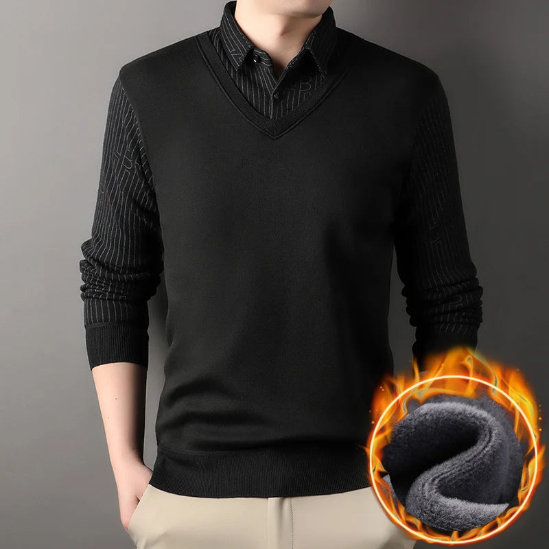 Men's Vintage Sweater Business Casual Pullover Slim Fit Fleece Lined Clothes Fake Two Pieces Knitted Sweaters