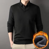 Men's Vintage Sweater Business Casual Pullover Slim Fit Fleece Lined Clothes Fake Two Pieces Knitted Sweaters