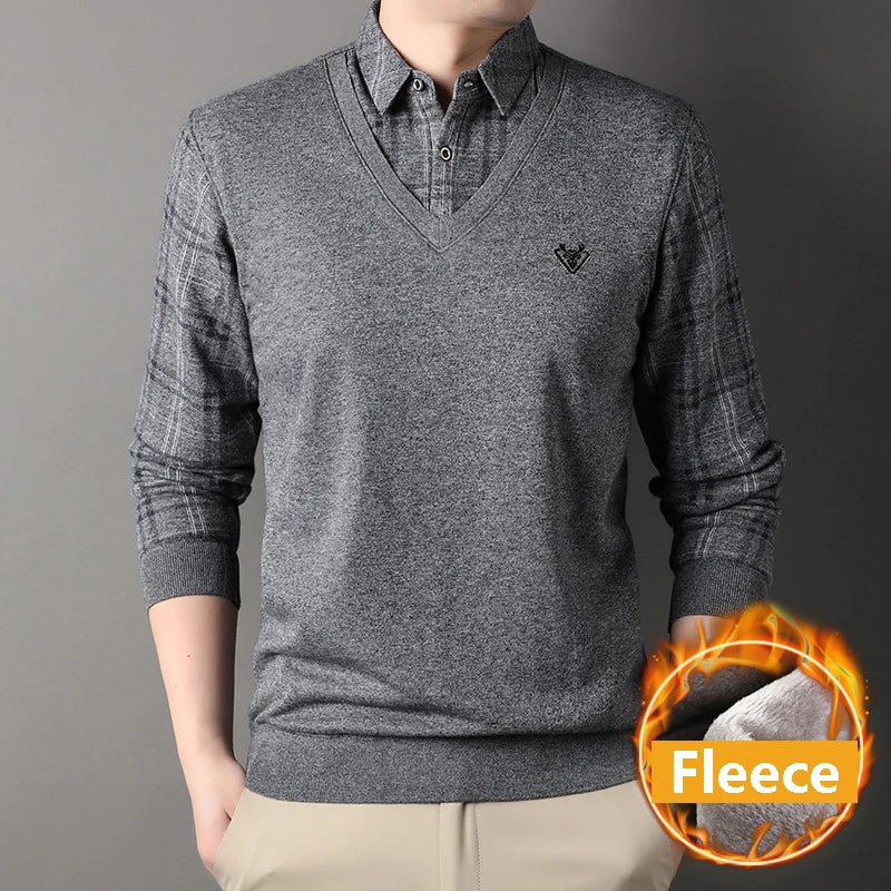 Mens Thick Sweater Pullover Fleece Lined Fake Two Piece Knitwear Fashion Casual Business Pullovers
