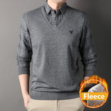 Mens Thick Sweater Pullover Fleece Lined Fake Two Piece Knitwear Fashion Casual Business Pullovers