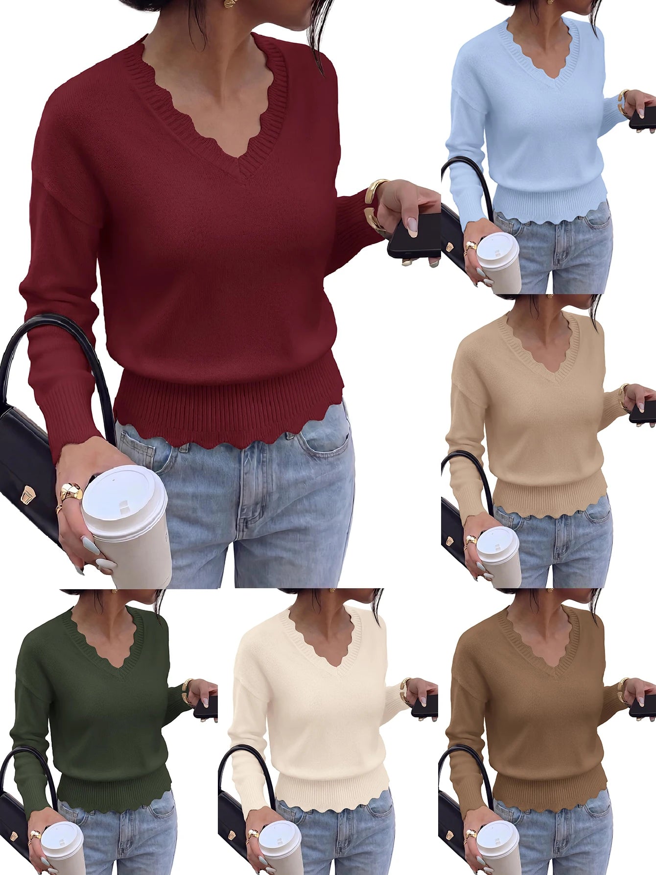 Lightweight Knit Sweaters Top For Women Daily Wear Scallop Edges V Neck Pullover Tops Autumn And Winter Long Sleeved