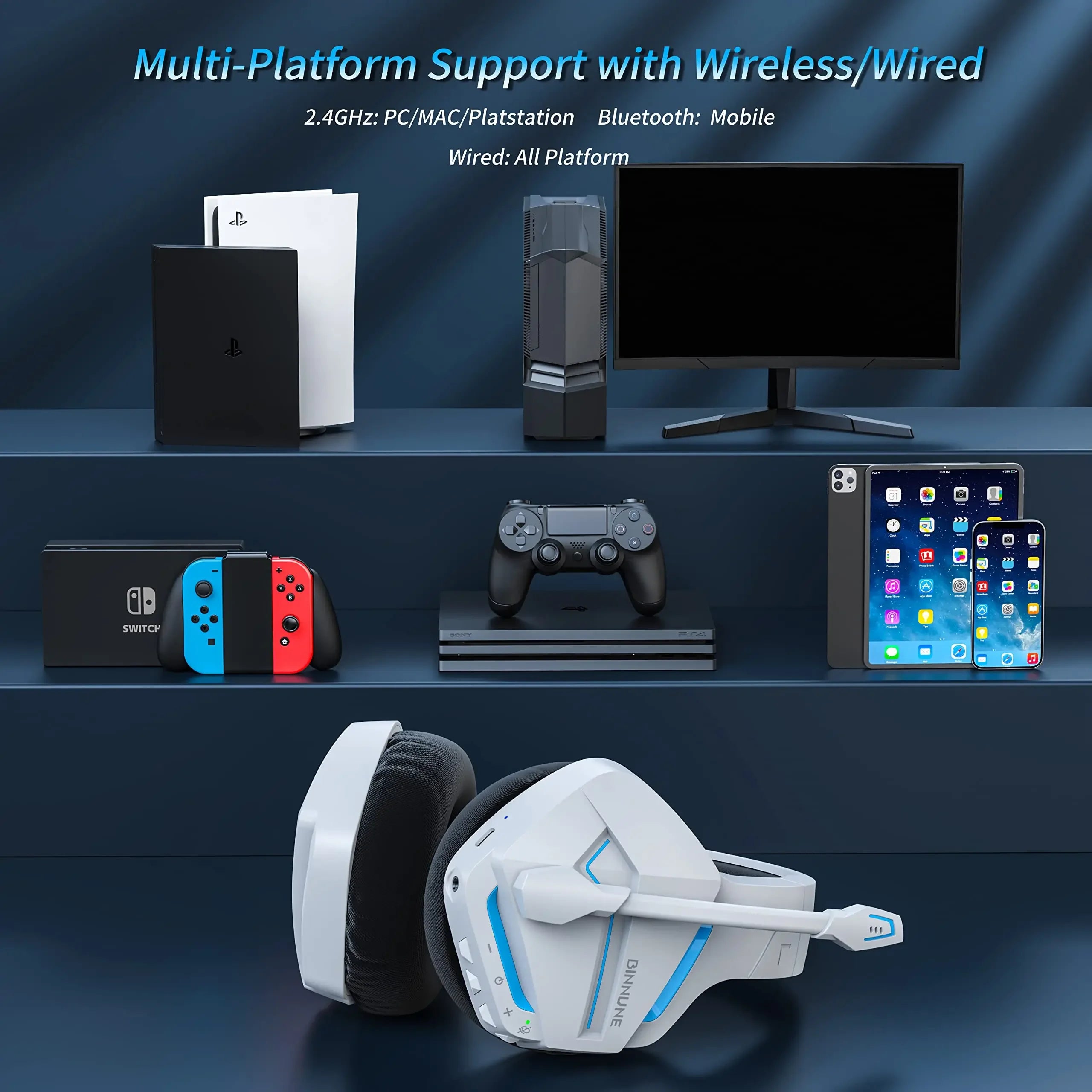 BW01 Wireless Gaming Headset with Mic for PC PS4 PS5 2.4G Bluetooth USB Gamer Headphones with Mic for Laptop Computer