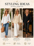 V Neck Bell Sleeve Blouses for Women Loose Fit Babydoll Tunic Tops Single Button Pleated Flowy Shirts Casual Daily Office Going‑Out Tunic