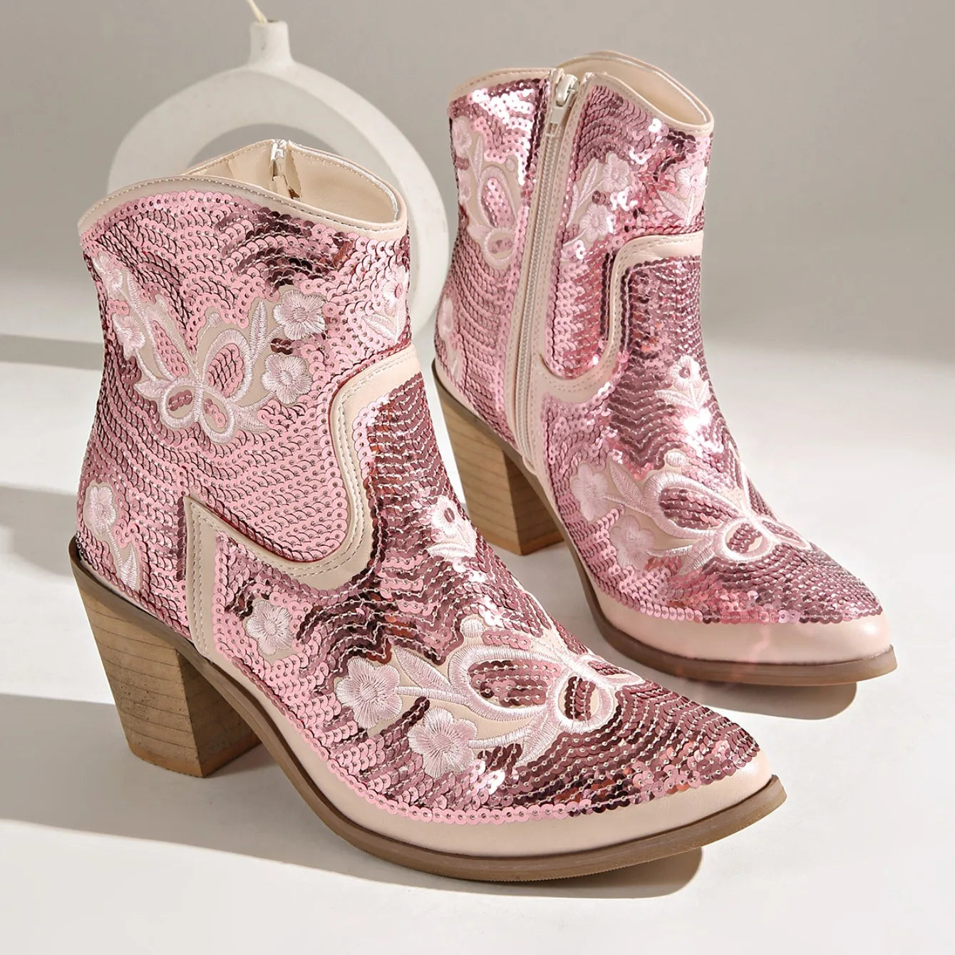Women Pointed Toe Sequins Embroidery Western Cowboy Ankle Boots, Side Zipper Block Heel Autumn Y2K Fashion Short Heeled Booties