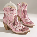 Women Pointed Toe Sequins Embroidery Western Cowboy Ankle Boots, Side Zipper Block Heel Autumn Y2K Fashion Short Heeled Booties