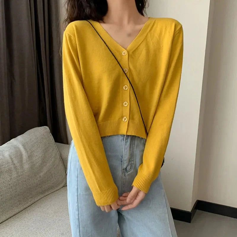 2026 Women Long Sleeve Cropped Cardigan V Neck Button Down Knit Lady Autumn Spring Knitted Single-breasted Cardigan Sweaters