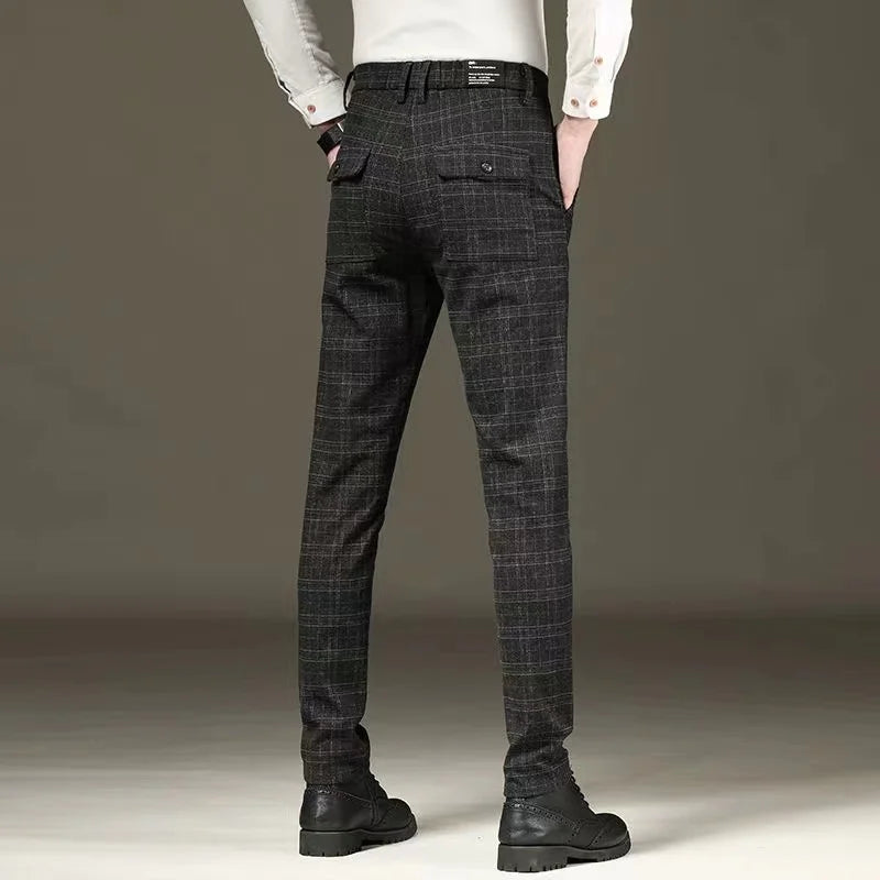 Fashion Black Grey Casual Trouses Mens Straight Fit Long Pants Striped Plaid Four Seasons High Quality Brand Business Trousers
