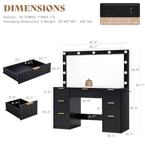 47.2" Fluted Vanity Desk with Large Mirror and Lights, Black | 7 Drawers Large Black Makeup Vanity Table with Glass Top