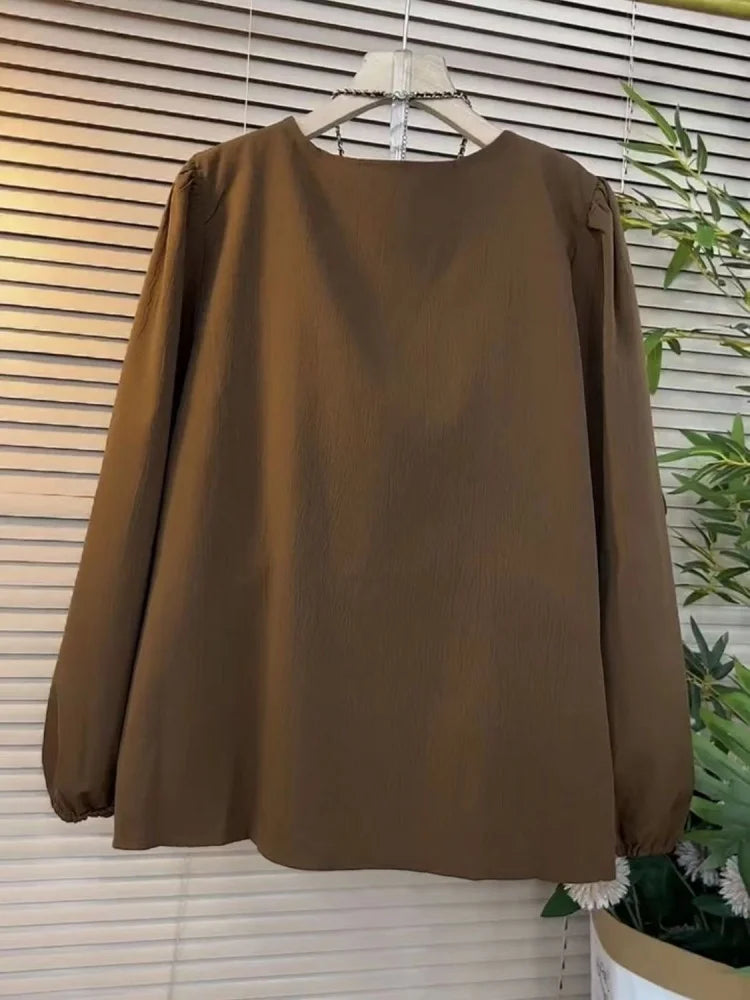 Plus Size Women Clothing Spring Autumn New V-Neck Long Sleeved Shirt&Blouses Solid OL Casual Business Top To Cover The Stomach