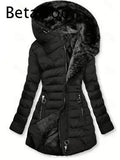 Women Hooded Warm Padded Jacket Fleece Lined Interior Diagonal Zipper Slim Silhouette Mid Length Winter Outer Coat