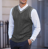 New Men's Knit V-Neck Sweater Vest Contrast Color Stripe Design Sleeveless Knitted Pullover Sweaters Men Smart Casual Waistcoats