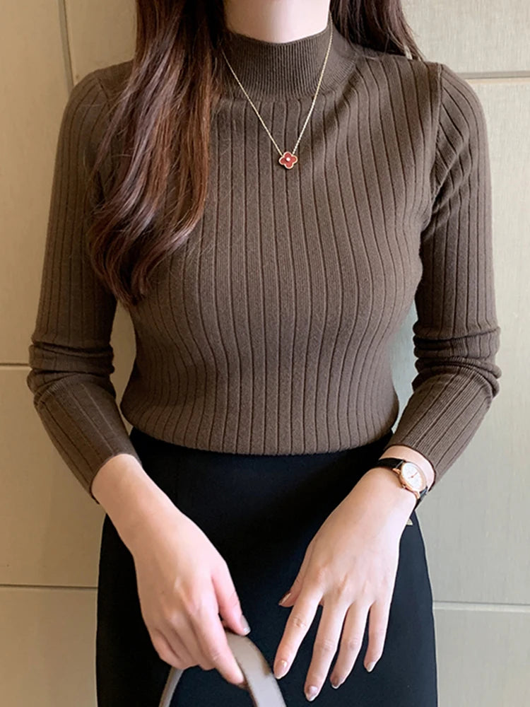 2026 New Autumn Winter Knitted Ribbed Jumper Tops Women Turtleneck Pullovers Sweaters Long Sleeve Korean Slim-fit Female Sweater