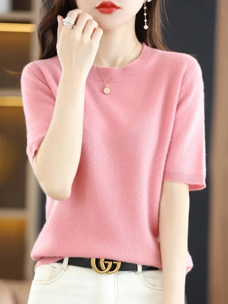 Spring Autumn Women Sweaters Short Sleeves O-neck Bottoming Shirts Knitwear 2026 Summer Knit Tops Pullovers Korean Jumpers