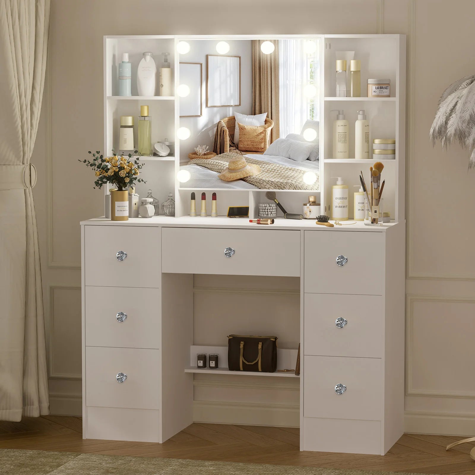 Teousev 7 Drawers Vanity Dressing Table with 10 Dimmable LED Lights, Large HD Mirror Modern Makeup Desk with Ample Storage