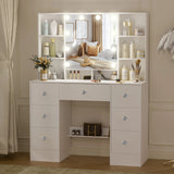 Teousev 7 Drawers Vanity Dressing Table with 10 Dimmable LED Lights, Large HD Mirror Modern Makeup Desk with Ample Storage