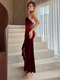 Burgundy Velvet Halter Neck Mermaid Gown High Neck Split Evening Party Dress for Women Wedding Guest Prom Formal Dresses