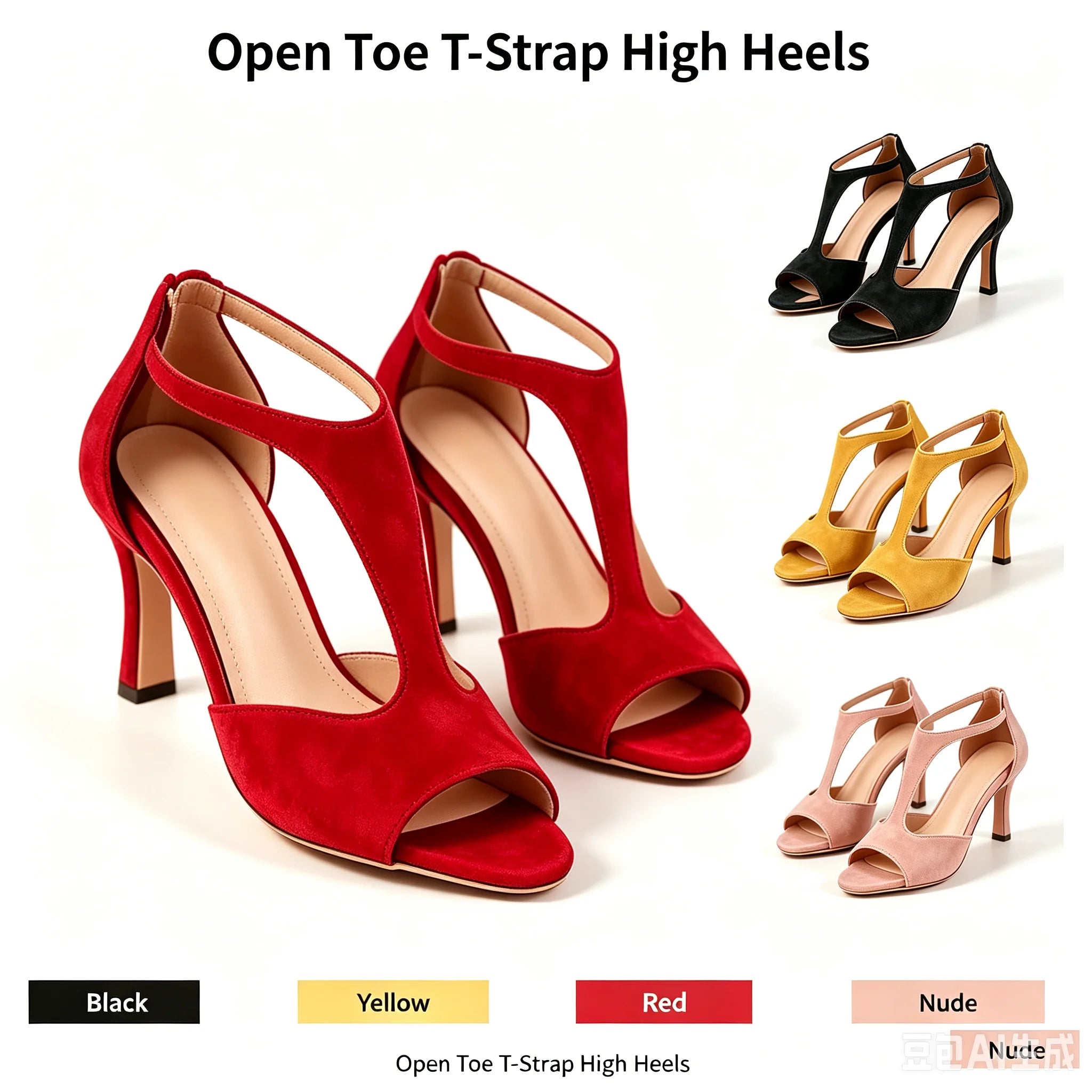 Elegant Women's High Heel Sandals Open Toe T Strap Faux Suede Back Zip Ankle Strap Dress Shoes for Wedding Bridal Evening Party Cocktail Prom Office Work Date Night Casual Summer Fashion Heeled Footwear Black Red Yellow Nude
