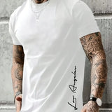 Men's 100 cotton summer loose Contrast Color Alphabet los Angelest print slim fit casual sports round neck short sleeved T-shirt