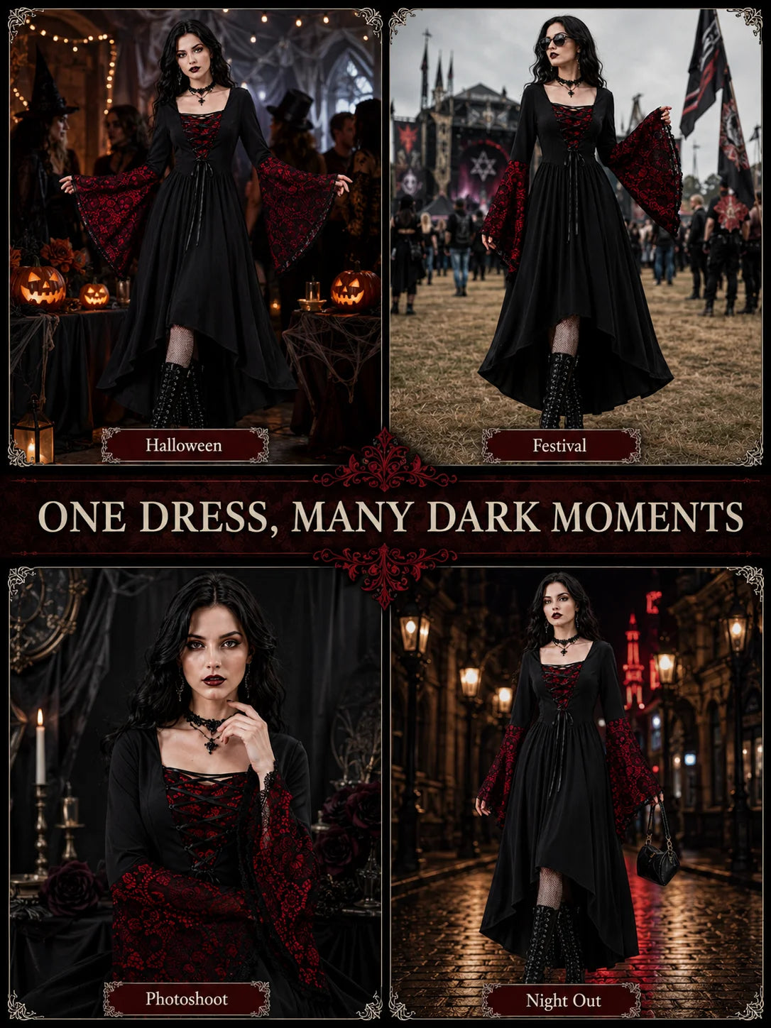 Women Gothic Medieval Dress Skull Lace Bell Long Sleeve Lace Up Front High Low Midi Dress Vintage Renaissance Witch Costume Halloween Cosplay Party Dress