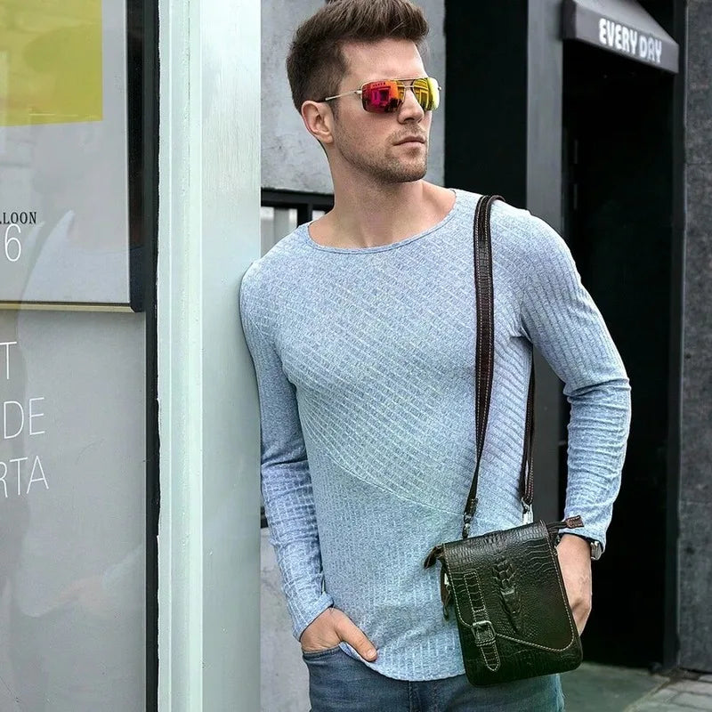 Flap‑over Business Men Crossbody Shoulder Bag, Crocodile Texture First Layer Cowhide Genuine Leather Messenger Bag for Office & Daily Commute