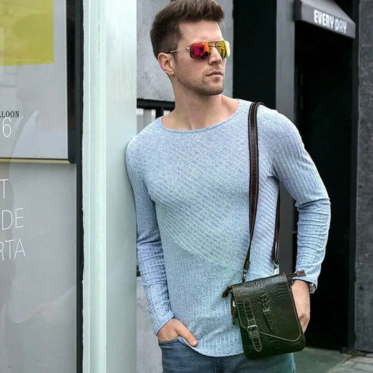 Flap‑over Business Men Crossbody Shoulder Bag, Crocodile Texture First Layer Cowhide Genuine Leather Messenger Bag for Office & Daily Commute